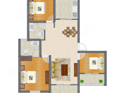 3室2厅 74.33平米户型图