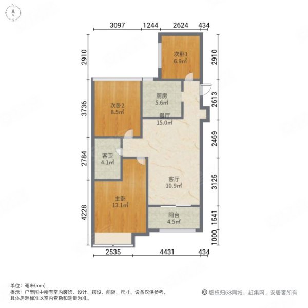 世茂九溪墅3室2厅1卫88.11㎡南168万