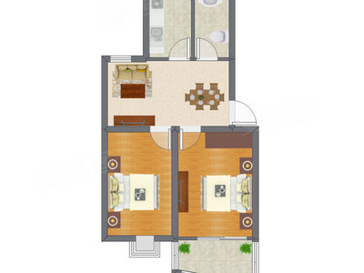 2室2厅 44.28平米户型图