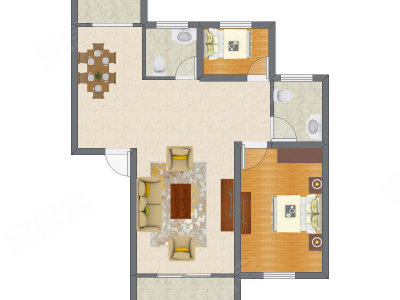 2室1厅 74.76平米户型图