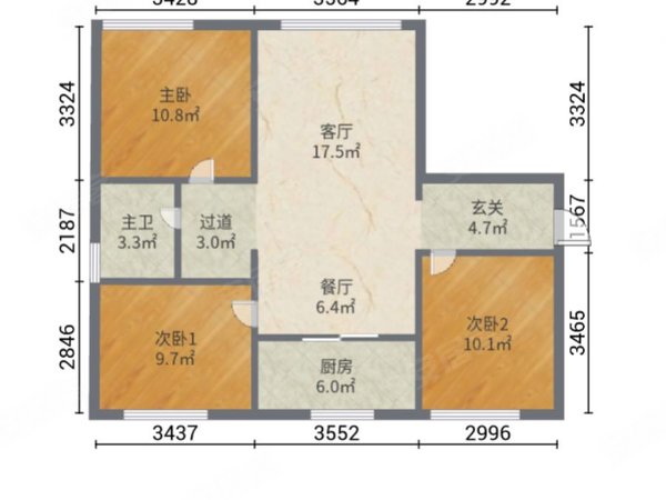 104平米三室二厅户型图图片