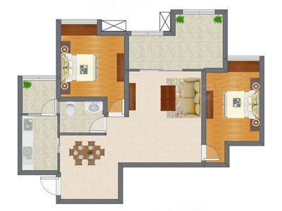 2室2厅 91.57平米户型图