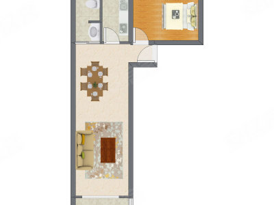 1室2厅 61.75平米户型图