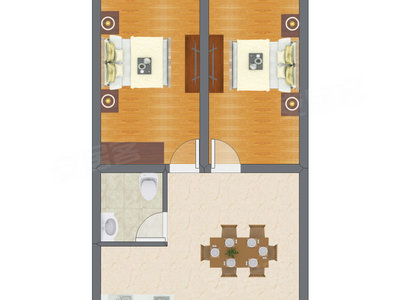 2室1厅 43.79平米户型图