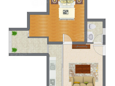 1室1厅 52.59平米户型图