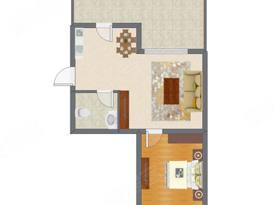 1室2厅 46.59平米户型图