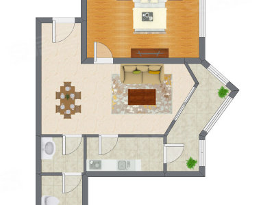 1室2厅 69.98平米户型图