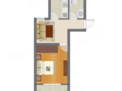 1室1厅 44.61平米户型图
