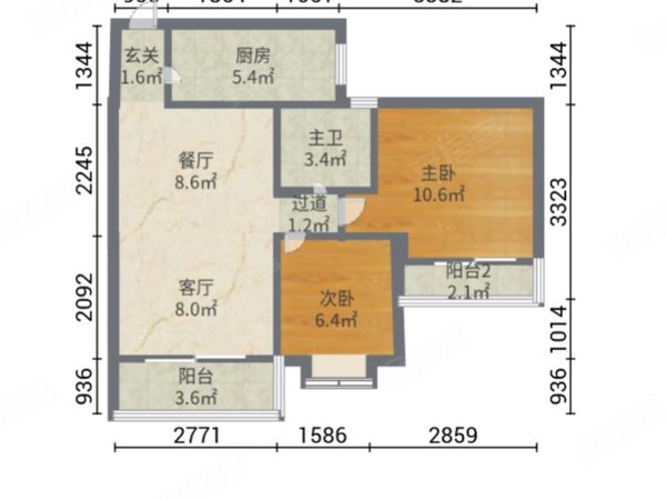 68平方二室一厅户型图图片