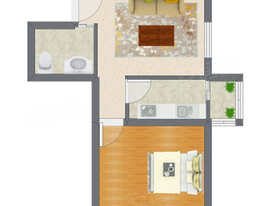 1室1厅 57.73平米户型图