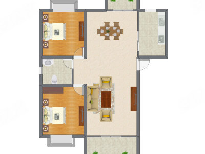 2室2厅 91.61平米户型图