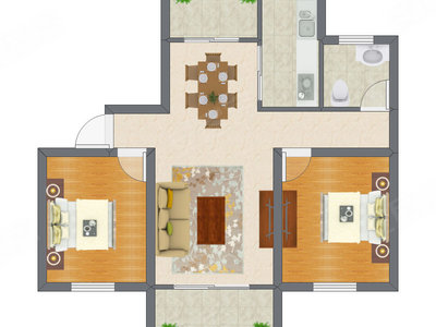 2室2厅 60.67平米户型图
