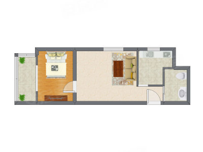 1室1厅 57.45平米户型图