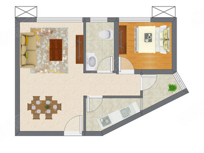 1室2厅 44.32平米户型图