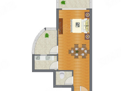 1室1厅 36.17平米户型图