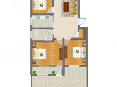 3室1厅 91.28平米户型图