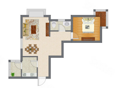 1室2厅 52.12平米户型图