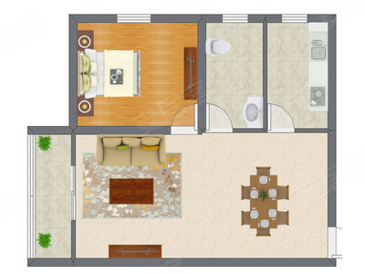 1室2厅 54.73平米户型图