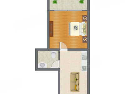 1室1厅 34.09平米户型图