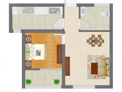 1室2厅 61.40平米户型图