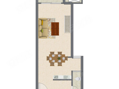 1室2厅 43.60平米户型图