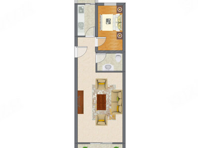 1室1厅 45.62平米户型图
