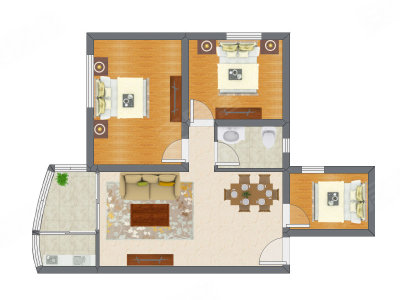 3室2厅 74.32平米户型图