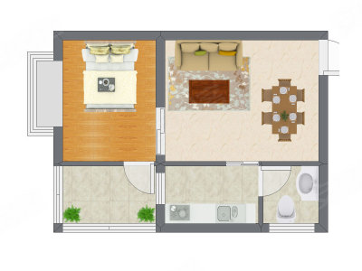 1室2厅 30.72平米户型图