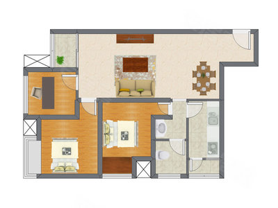 1室2厅 65.11平米户型图
