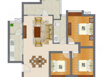 1室2厅 91.97平米户型图