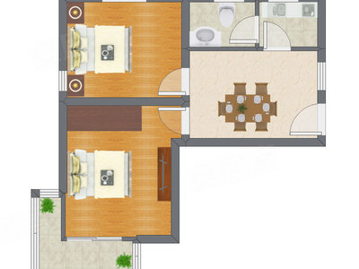 2室1厅 58.14平米户型图