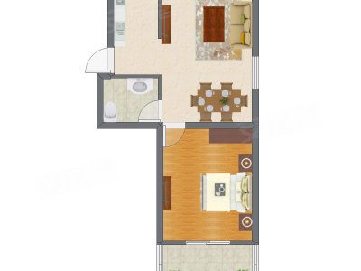 1室2厅 42.89平米户型图