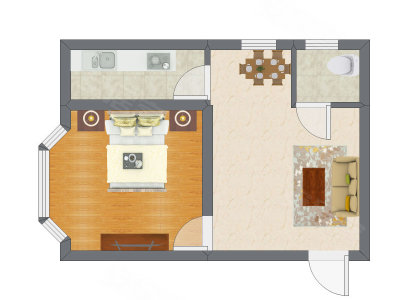 1室2厅 43.90平米户型图
