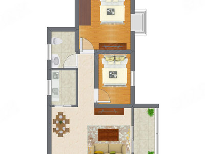 2室2厅 66.89平米户型图