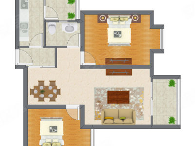 2室2厅 90.43平米户型图