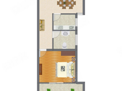 1室2厅 44.75平米户型图