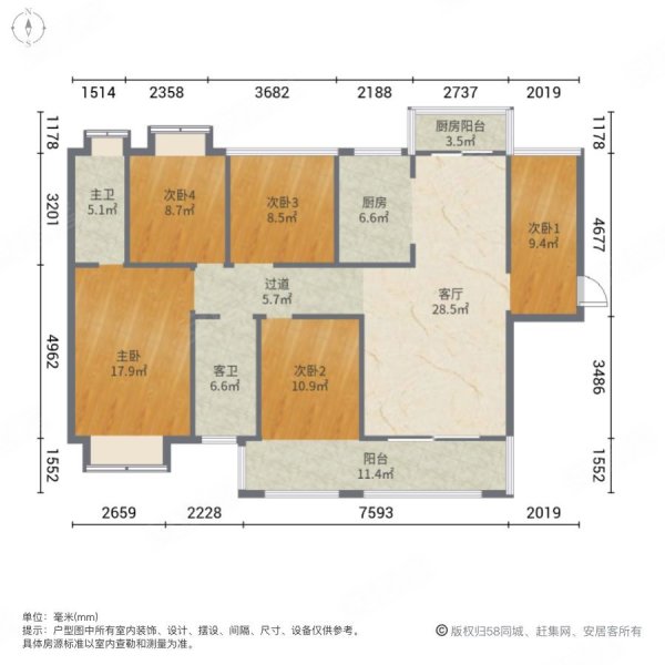 海景城5室2厅2卫141.44㎡南北88万