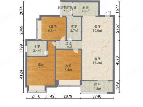 104平米三室二厅户型图图片