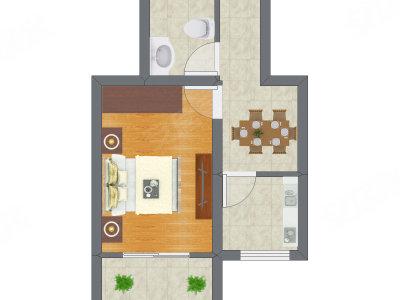 1室1厅 25.63平米户型图