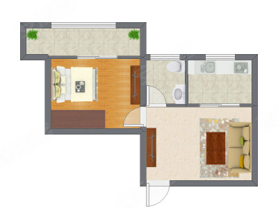 1室1厅 35.26平米户型图