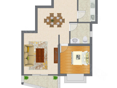 1室2厅 65.72平米户型图