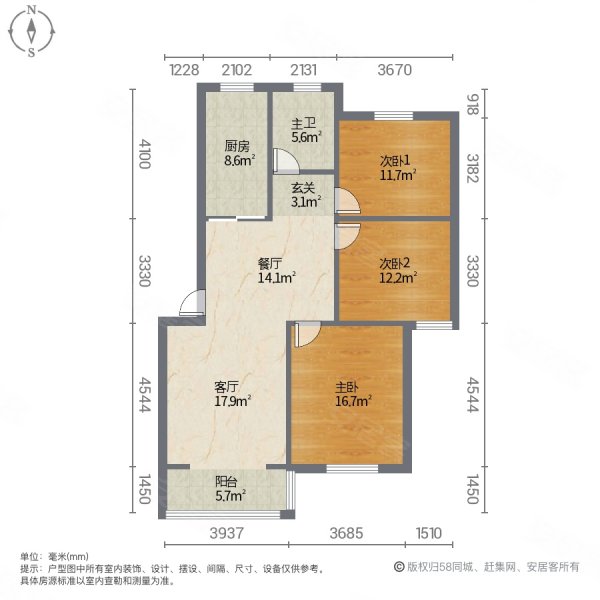 京西江南西区3室2厅1卫108㎡南北78万