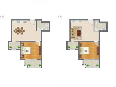 1室1厅 57.55平米户型图