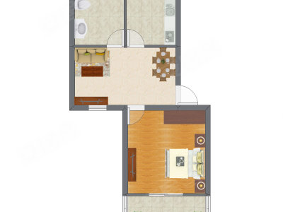 1室2厅 43.45平米户型图