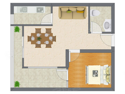 1室2厅 57.52平米户型图