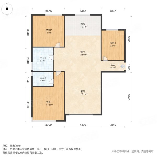 融创中园3室2厅2卫135.01㎡南北128万