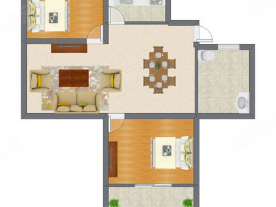 2室1厅 57.79平米户型图
