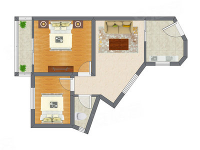 2室1厅 64.56平米户型图
