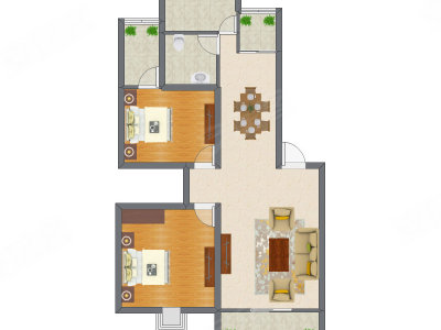 2室2厅 90.38平米户型图
