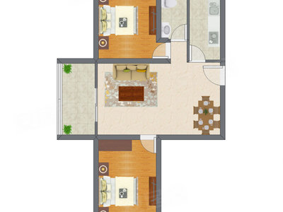 2室1厅 53.69平米户型图
